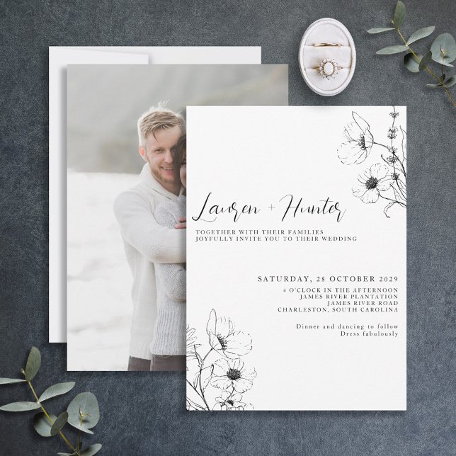 Modern Script Black White Floral Photo Wedding Inv Invitation (Creator Uploaded)