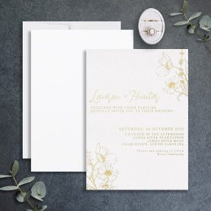 Modern Script Black White Floral Wedding Gold Foil Invitation