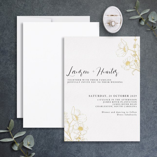 Modern Script Black White Floral Wedding Gold Foil Invitation (Creator Uploaded)