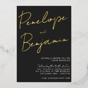 Modern Script Black White Gold Elegant Wedding Foil Invitation