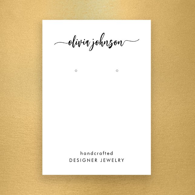 Modern Script Black White Jewelry Earring Display Business Card (Stylishly Personalize with Your Custom Name. Add Optional Text.)
