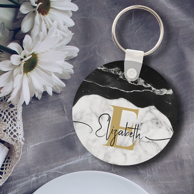 Modern Script Black White Marble Gold Monogrammed Keychain (Creator Uploaded)