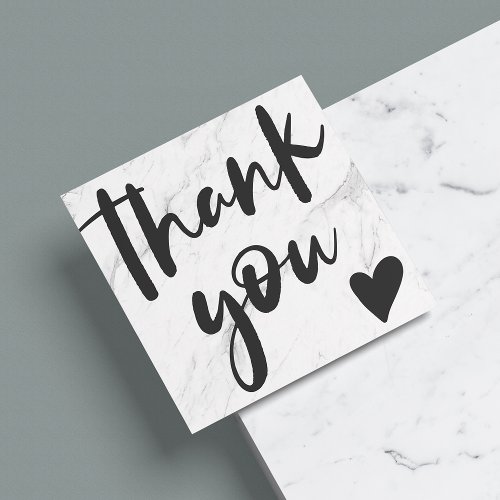 Modern script black white marble thank you square business card