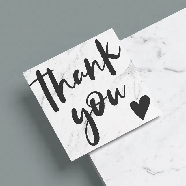 Modern script black white marble thank you square business card | Zazzle