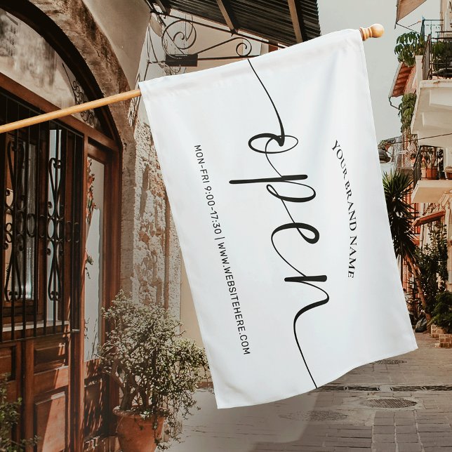Modern Script Black White Open Salon Boutique Flag (Modern white We Are Open outdoor flag for business, featuring elegant calligraphy)