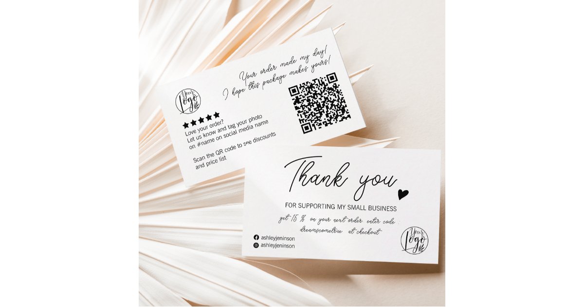 Modern script black white order logo thank you qr business card | Zazzle
