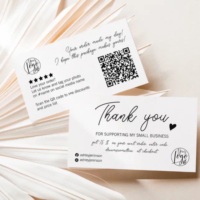 Modern script black white order logo thank you qr business card | Zazzle