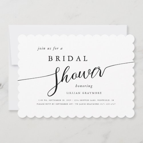 Modern Script Black  White Scallop Bridal Shower Invitation