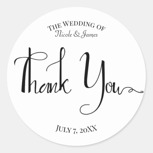 Modern Script Black White Wedding Favor Thank You Classic Round Sticker