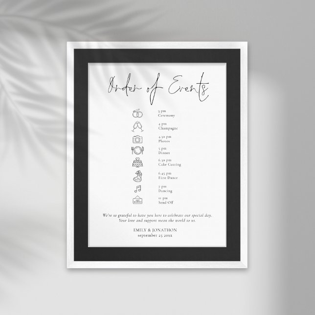 Modern Script Black White Wedding Order of Events Poster (Creator Uploaded)