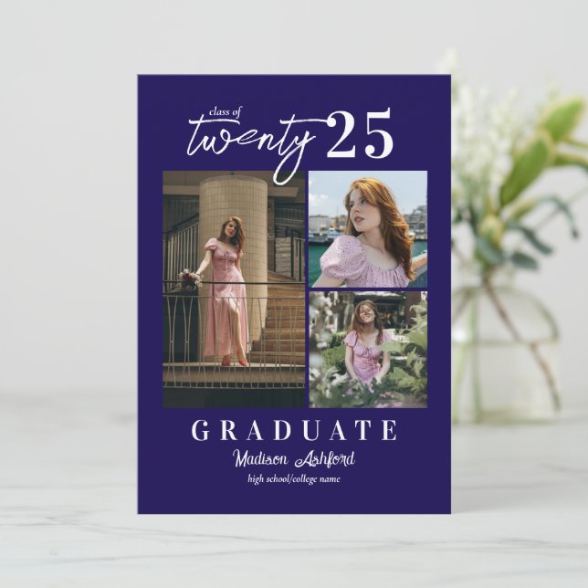 Modern Script Blue 3 Photo Collage Graduation Announcement (Standing Front)