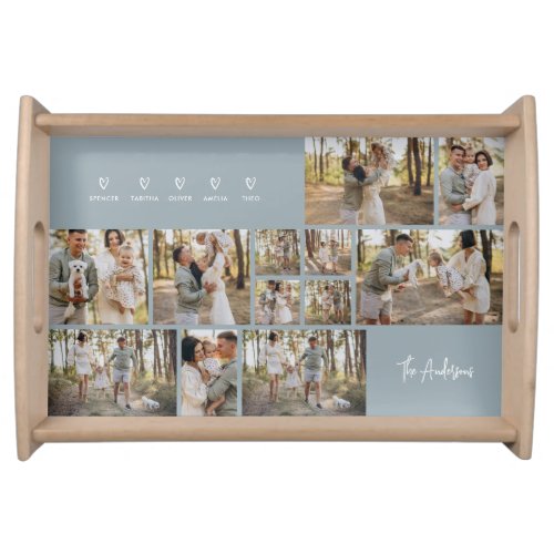 Modern script blue 5 family photo collage gift serving tray