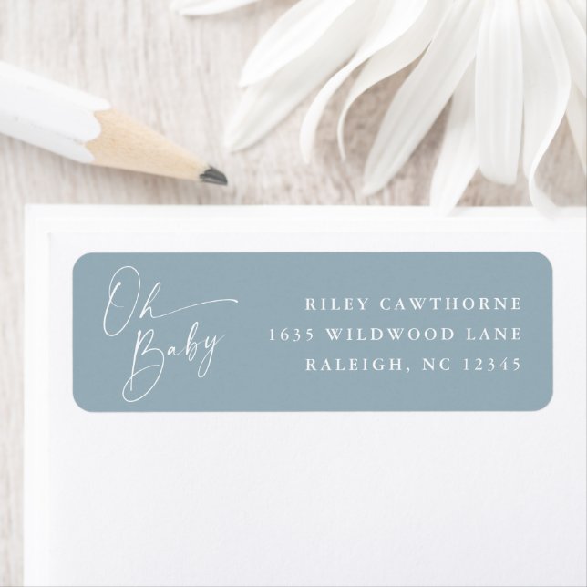 Modern Script Blue Baby Shower Return Address Label (Insitu)
