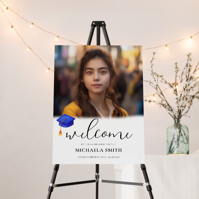 Modern Script Blue Cap Photo Graduation Welcome Foam Board (In Situ (Stand))