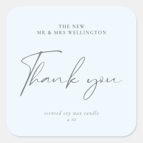 Modern Script Blue Gray Wedding Favor Candle Square Sticker