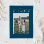 Modern Script Blue Happy Hanukkah Photo Foil Holiday Card<br><div class="desc">Happy Hanukkah! Send Hanukkah wishes to family and friends with this customizable gold foil Hanukkah card. It features elegant calligraphy and simple typography. Personalize by adding names and a photo. This elegant Happy Hanukkah card is available on other cardstock.</div>