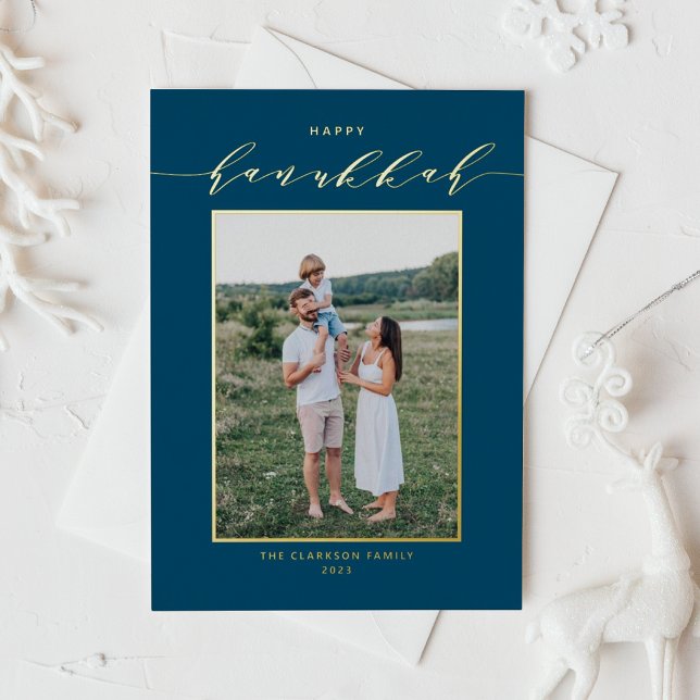 Modern Script Blue Happy Hanukkah Photo Foil Holiday Card (Creator Uploaded)