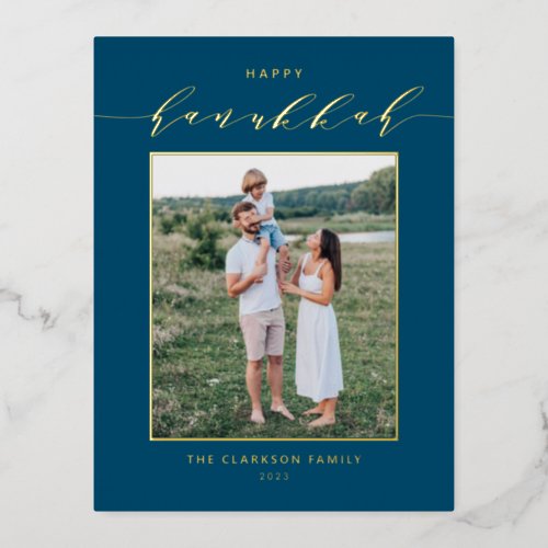 Modern Script Blue Happy Hanukkah Photo Foil Holiday Postcard