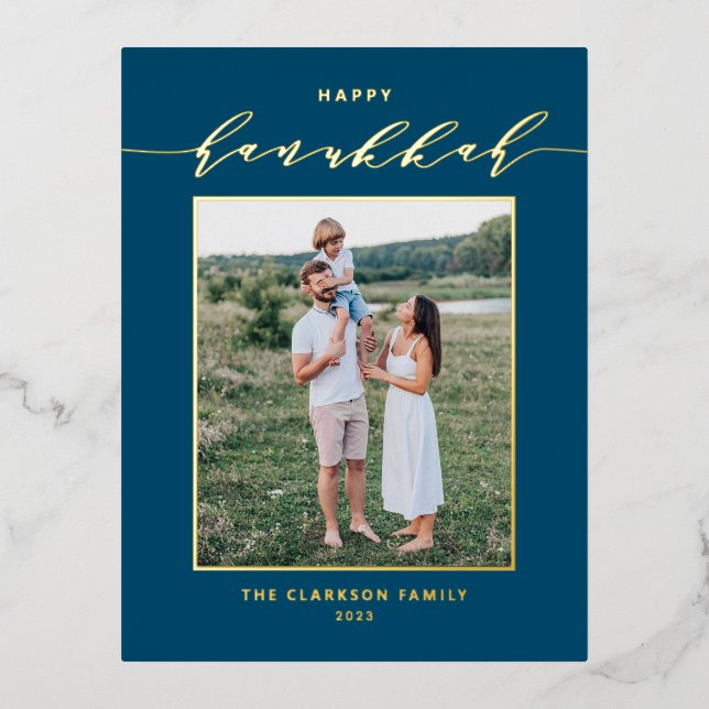 Modern Script Blue Happy Hanukkah Photo Foil Holiday Postcard (Front)