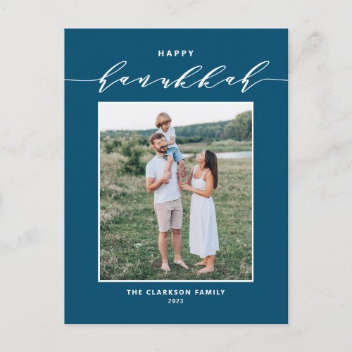 Modern Script Blue Happy Hanukkah Photo Holiday Postcard