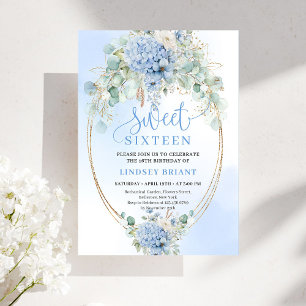 Modern Script Blue Hydrangeas Sweet Sixteen Invite