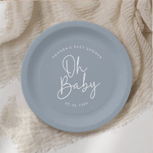 Modern Script Blue Oh Baby Simple Baby Shower Paper Plates