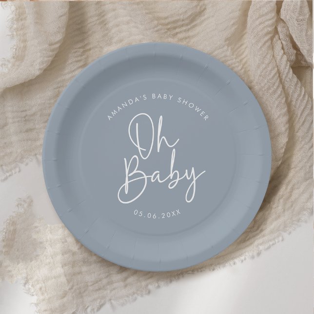 Modern Script Blue Oh Baby Simple Baby Shower Paper Plates (Creator Uploaded)
