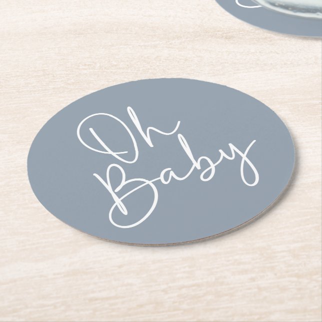Modern Script Blue Oh Baby Simple Baby Shower Round Paper Coaster (Angled)