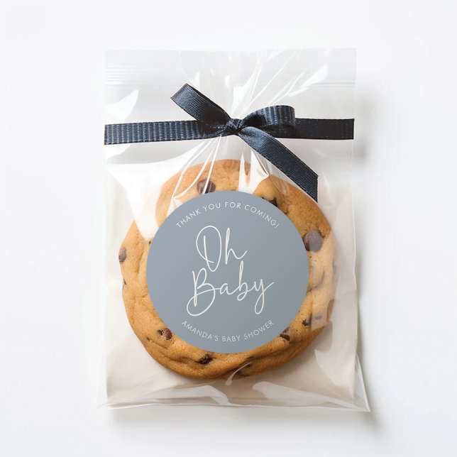 Modern Script Blue Oh Baby Simple Shower Favor Classic Round Sticker (Creator Uploaded)
