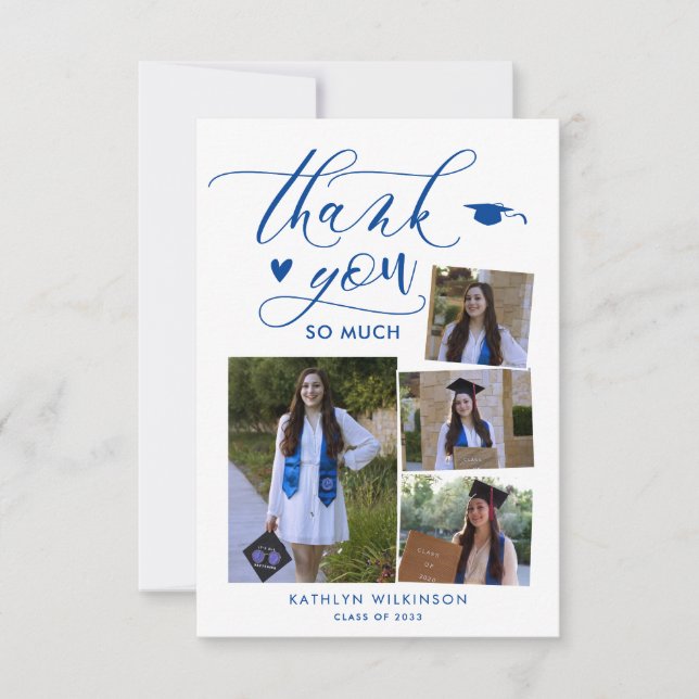 Modern Script Blue Photo Graduation Thank You Card (Front)