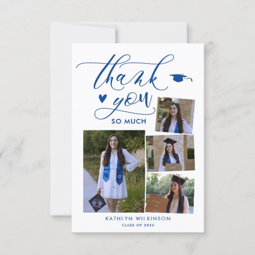 Modern Script Blue Photo Graduation Thank You Card