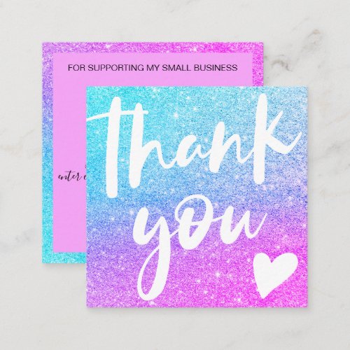 Modern script blue pink glitter thank you square business card