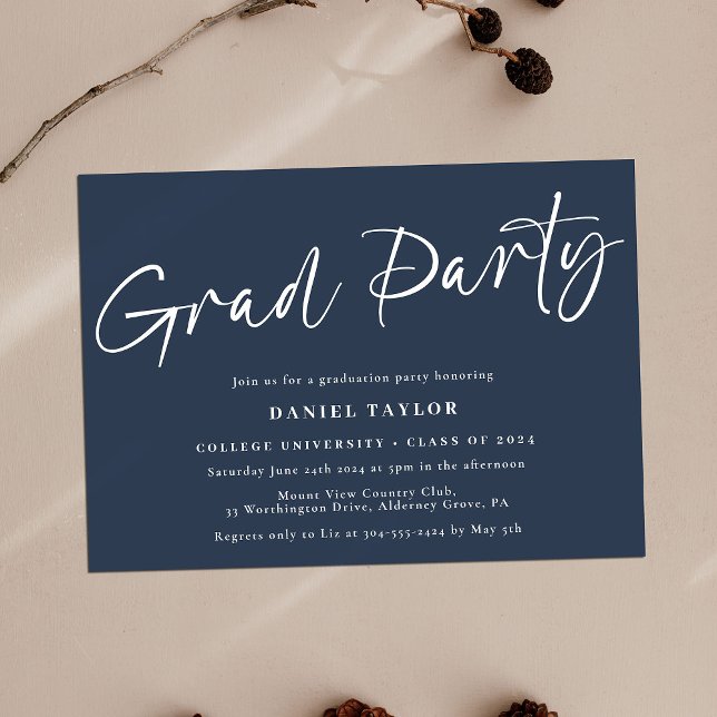 Modern Script Blue White Graduation Party Invitation (Creator Uploaded)