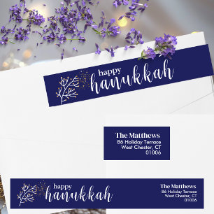 Modern Script Blue & White Hanukkah Return Address Wrap Around Label