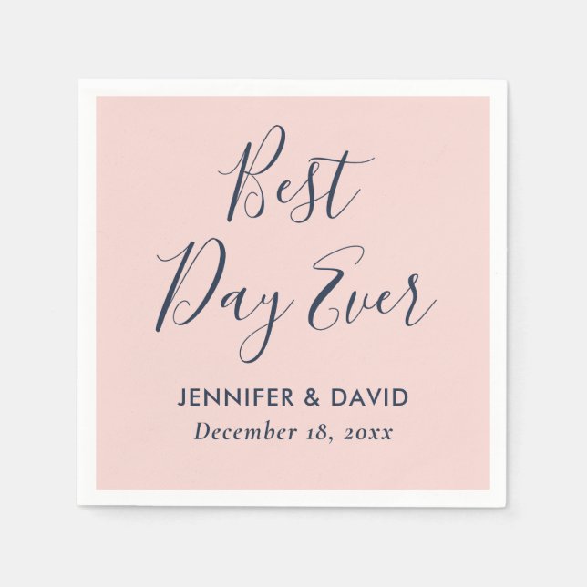 Modern Script Blush and Navy Blue Wedding Napkins (Front)