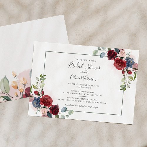 Modern Script Blush Burgundy Floral Bridal Shower  Invitation