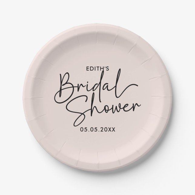 Modern Script blush Handwritten Bridal Shower Paper Plates (Front)