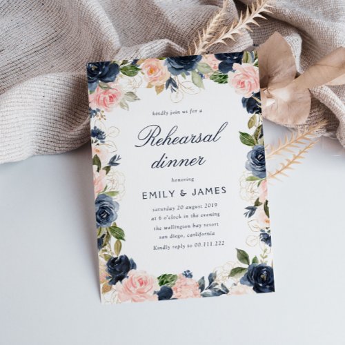 Modern script blush  navy Rehearsal dinner Invitation