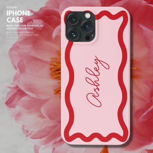 Modern Script Blush Pink and Red Wavy Line Retro iPhone 13 Pro Max Case