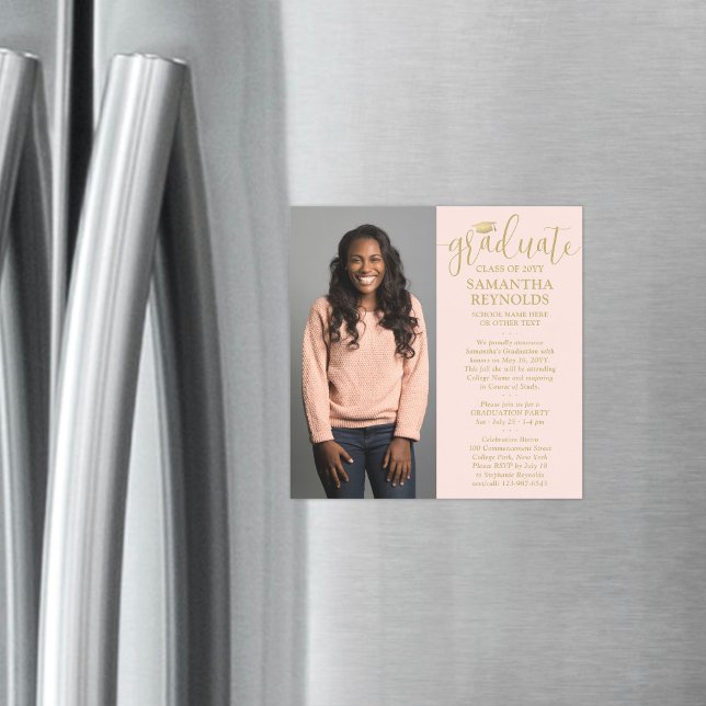 Modern Script Blush Pink & Gold 1 Photo Graduation Magnetic Invitation (Creator Uploaded)