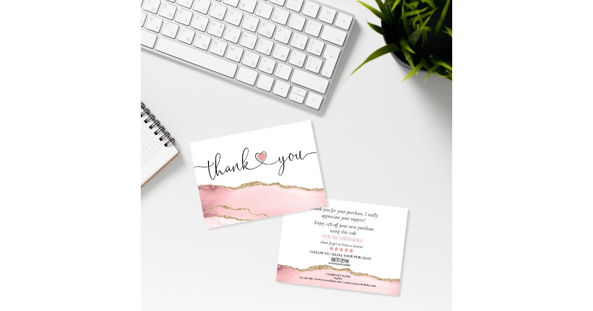 modern script blush pink heart thank you for order business card | Zazzle