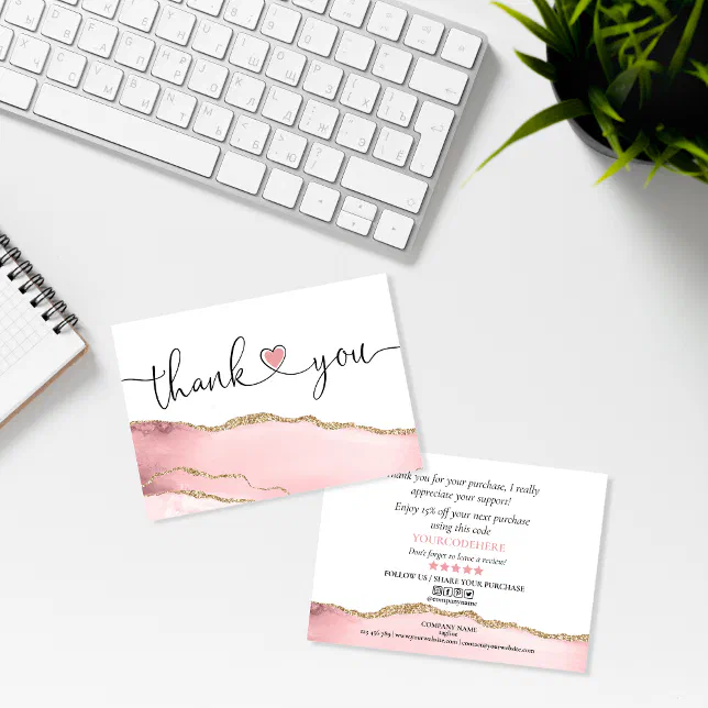 modern script blush pink heart thank you for order business card | Zazzle
