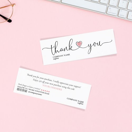 modern script blush pink heart thank you for order mini business card