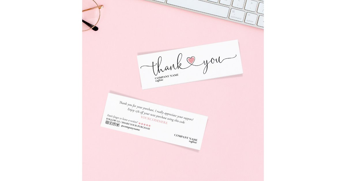 modern script blush pink heart thank you for order mini business card ...