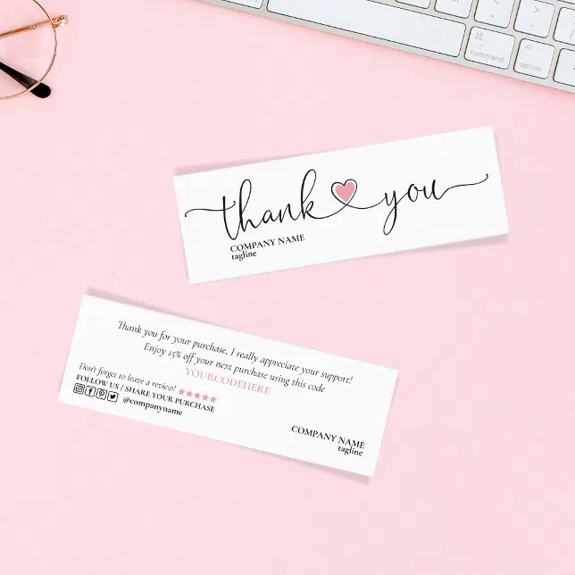 modern script blush pink heart thank you for order mini business card ...