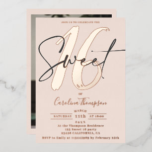 Modern script blush pink photo Sweet 16 rose gold Foil Invitation