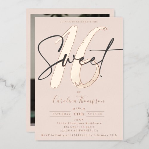 Modern script blush pink photo Sweet 16 rose gold Foil Invitation