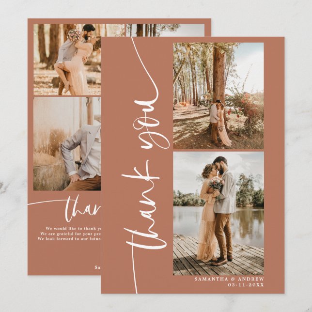 Modern script boho 5 photos wedding thank you card (Front/Back)