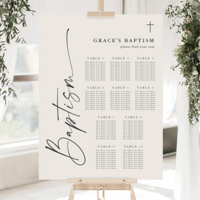 Modern Script Boho Baptism Seating Chart Foam Board (Modern script baptism seating chart.)