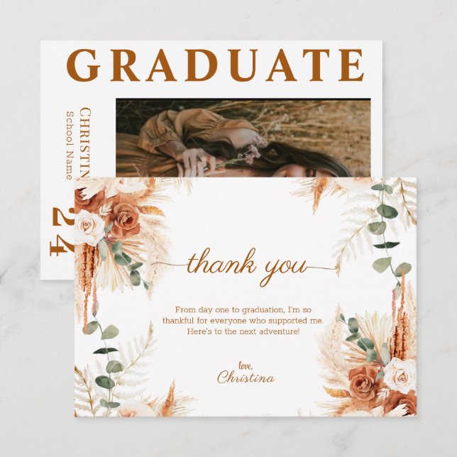 Modern Script  Boho Terracotta Photo Graduation  Thank You Card (Front/Back)